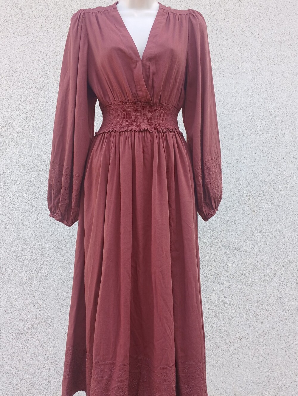 Old Navy Terracotta Boho Midi Dress Smocked Waist Puff Sleeve Embroidered Hem S